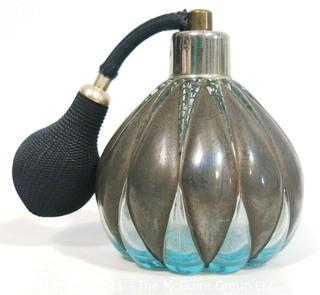 Vintage Blue Crystal with Silver Overlay Perfume Bottle with Atomizer.  Measures approximately 4" tall.