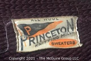 Vintage Princeton University Burgundy Wool Varsity Letterman Sweater with Stripes on Arm.  Cardigan Style. Some damage. 