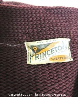 Vintage Princeton University Burgundy Wool Varsity Letterman Sweater with Stripes on Arm.  Cardigan Style. Some damage. 