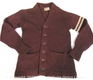 Vintage Princeton University Burgundy Wool Varsity Letterman Sweater with Stripes on Arm.  Cardigan Style. Some damage. 