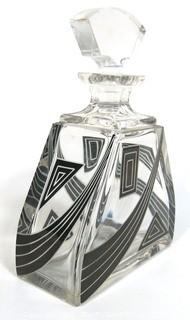 Karl Palda Bohemian Czech Art Deco Cut Glass Liquor Decanter with Black Decoration. <br> <br> Many of the Karl Palda Bohemian Art Deco cut glass pieces in this auction were featured in the book “Collectible Bohemian Glass (1915 – 1945) Volume II” by Robert & Deborah Truitt.