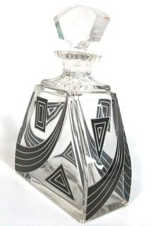 Karl Palda Bohemian Czech Art Deco Cut Glass Liquor Decanter with Black Decoration. <br> <br> Many of the Karl Palda Bohemian Art Deco cut glass pieces in this auction were featured in the book “Collectible Bohemian Glass (1915 – 1945) Volume II” by Robert & Deborah Truitt.