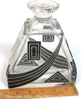 Karl Palda Bohemian Czech Art Deco Cut Glass Liquor Decanter with Black Decoration. <br> <br> Many of the Karl Palda Bohemian Art Deco cut glass pieces in this auction were featured in the book “Collectible Bohemian Glass (1915 – 1945) Volume II” by Robert & Deborah Truitt.