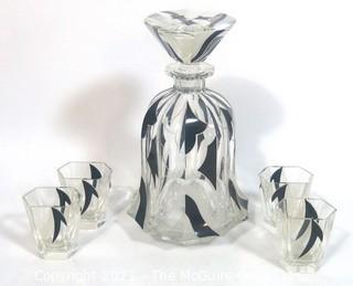 Karl Palda Bohemian Czech Art Deco Cut Glass Liquor Decanter with Black Decoration and 6 Glasses Similar.  Crystal stopper has been repaired. <br> <br> Many of the Karl Palda Bohemian Art Deco cut glass pieces in this auction were featured in the book “Collectible Bohemian Glass (1915 – 1945) Volume II” by Robert & Deborah Truitt.