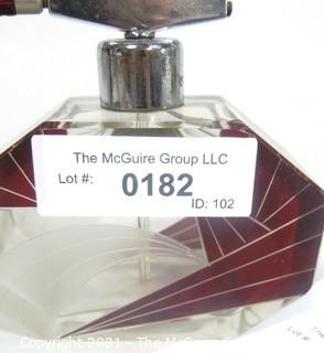 Karl Palda Bohemian Czech Art Deco Clear Cut Glass With Ruby Red Accents Perfume Bottle with Atomizer..  <br> <br> Many of the Karl Palda Bohemian Art Deco cut glass pieces in this auction were featured in the book “Collectible Bohemian Glass (1915 – 1945) Volume II” by Robert & Deborah Truitt.