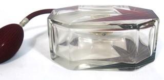 Karl Palda Bohemian Czech Art Deco Clear Cut Glass With Ruby Red Accents Perfume Bottle with Atomizer..  <br> <br> Many of the Karl Palda Bohemian Art Deco cut glass pieces in this auction were featured in the book “Collectible Bohemian Glass (1915 – 1945) Volume II” by Robert & Deborah Truitt.