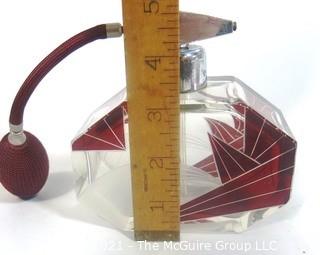 Karl Palda Bohemian Czech Art Deco Clear Cut Glass With Ruby Red Accents Perfume Bottle with Atomizer..  <br> <br> Many of the Karl Palda Bohemian Art Deco cut glass pieces in this auction were featured in the book “Collectible Bohemian Glass (1915 – 1945) Volume II” by Robert & Deborah Truitt.