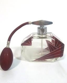 Karl Palda Bohemian Czech Art Deco Clear Cut Glass With Ruby Red Accents Perfume Bottle with Atomizer..  <br> <br> Many of the Karl Palda Bohemian Art Deco cut glass pieces in this auction were featured in the book “Collectible Bohemian Glass (1915 – 1945) Volume II” by Robert & Deborah Truitt.