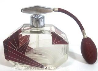 Karl Palda Bohemian Czech Art Deco Clear Cut Glass With Ruby Red Accents Perfume Bottle with Atomizer..  <br> <br> Many of the Karl Palda Bohemian Art Deco cut glass pieces in this auction were featured in the book “Collectible Bohemian Glass (1915 – 1945) Volume II” by Robert & Deborah Truitt.