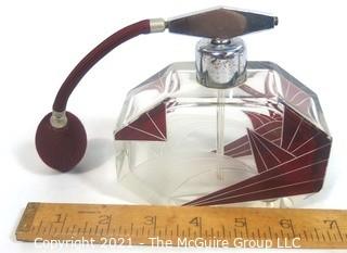 Karl Palda Bohemian Czech Art Deco Clear Cut Glass With Ruby Red Accents Perfume Bottle with Atomizer..  <br> <br> Many of the Karl Palda Bohemian Art Deco cut glass pieces in this auction were featured in the book “Collectible Bohemian Glass (1915 – 1945) Volume II” by Robert & Deborah Truitt.