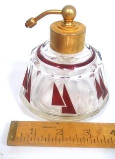 Karl Palda Bohemian Czech Art Deco Clear Cut Glass With Ruby Red Accents Perfume Bottle with Atomizer..  <br> <br> Many of the Karl Palda Bohemian Art Deco cut glass pieces in this auction were featured in the book “Collectible Bohemian Glass (1915 – 1945) Volume II” by Robert & Deborah Truitt.