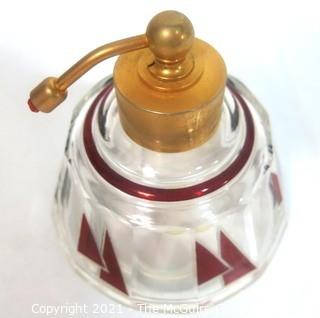 Karl Palda Bohemian Czech Art Deco Clear Cut Glass With Ruby Red Accents Perfume Bottle with Atomizer..  <br> <br> Many of the Karl Palda Bohemian Art Deco cut glass pieces in this auction were featured in the book “Collectible Bohemian Glass (1915 – 1945) Volume II” by Robert & Deborah Truitt.