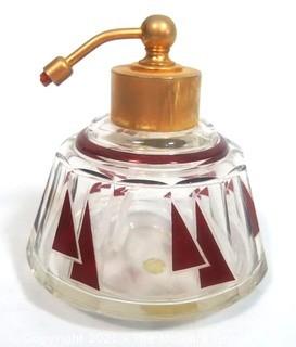 Karl Palda Bohemian Czech Art Deco Clear Cut Glass With Ruby Red Accents Perfume Bottle with Atomizer..  <br> <br> Many of the Karl Palda Bohemian Art Deco cut glass pieces in this auction were featured in the book “Collectible Bohemian Glass (1915 – 1945) Volume II” by Robert & Deborah Truitt.