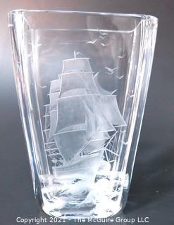 Etched Heavy Crystal Vase with Ornate Design of Ship on Ocean Etched Signature of Artist on Bottom..