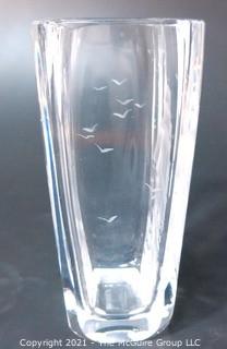 Etched Heavy Crystal Vase with Ornate Design of Ship on Ocean Etched Signature of Artist on Bottom..