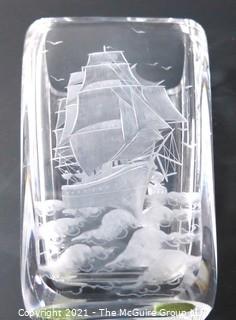 Etched Heavy Crystal Vase with Ornate Design of Ship on Ocean Etched Signature of Artist on Bottom..