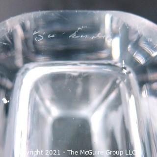 Etched Heavy Crystal Vase with Ornate Design of Ship on Ocean Etched Signature of Artist on Bottom..