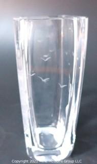 Etched Heavy Crystal Vase with Ornate Design of Ship on Ocean Etched Signature of Artist on Bottom..