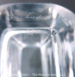 Etched Heavy Crystal Vase with Ornate Design of Ship on Ocean Etched Signature of Artist on Bottom..