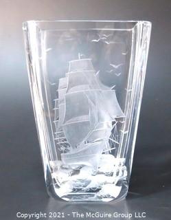 Etched Heavy Crystal Vase with Ornate Design of Ship on Ocean Etched Signature of Artist on Bottom..