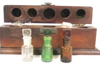 Antique Wooden Medical Glass Bottle Holder Box with Glass Vials.