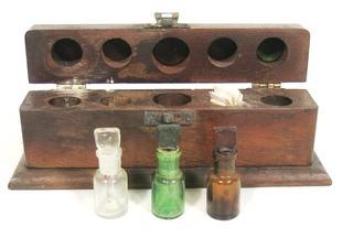 Antique Wooden Medical Glass Bottle Holder Box with Glass Vials.