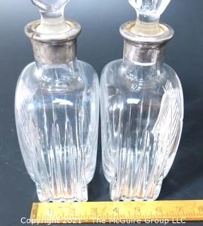 (2) Heavy Crystal Glass Scotch & Bourbon Liquor Decanters & Stoppers with Silver Overlay.  Some Splitting at Lip of Bottles. 