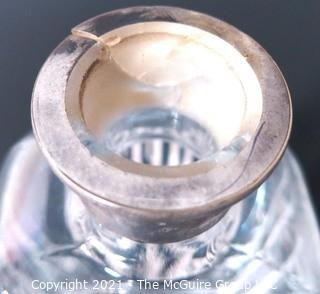 (2) Heavy Crystal Glass Scotch & Bourbon Liquor Decanters & Stoppers with Silver Overlay.  Some Splitting at Lip of Bottles. 