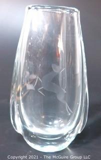 Etched Heavy Crystal Vase with Ornate Design of Jumping Deer..  Etched number on bottom.