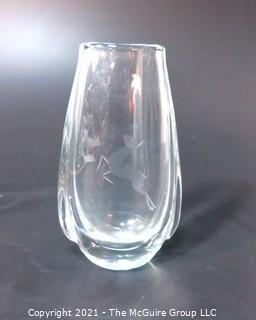 Etched Heavy Crystal Vase with Ornate Design of Jumping Deer..  Etched number on bottom.