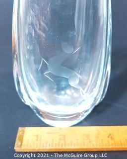 Etched Heavy Crystal Vase with Ornate Design of Jumping Deer..  Etched number on bottom.