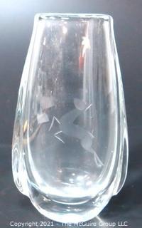 Etched Heavy Crystal Vase with Ornate Design of Jumping Deer..  Etched number on bottom.