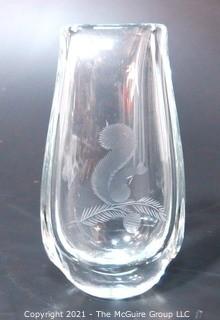 Etched Heavy Crystal Vase with Ornate Design of Squirrel on Branch..  Number etched on bottom.