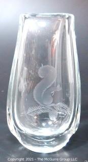 Etched Heavy Crystal Vase with Ornate Design of Squirrel on Branch..  Number etched on bottom.