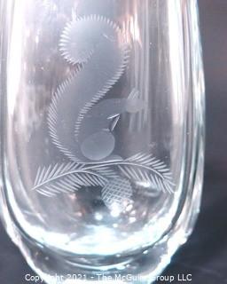 Etched Heavy Crystal Vase with Ornate Design of Squirrel on Branch..  Number etched on bottom.