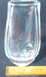 Etched Heavy Crystal Vase with Ornate Design of Squirrel on Branch..  Number etched on bottom.