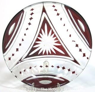 Bohemian Czech Art Deco Clear Cut Glass Bowl with Red Decoration.  Some wear due to age.   Measures approximately 11" in diameter.