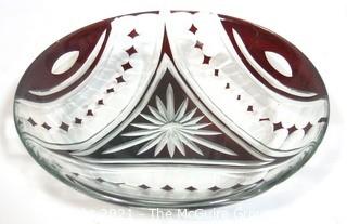 Bohemian Czech Art Deco Clear Cut Glass Bowl with Red Decoration.  Some wear due to age.   Measures approximately 11" in diameter.