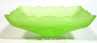 Vintage Depression Style Green Frosted Uranium Vaseline Glass Bowl or Candy Dish.  Some chips to edges.  Measures 9" x 7" x 3".