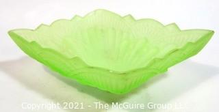 Vintage Depression Style Green Frosted Uranium Vaseline Glass Bowl or Candy Dish.  Some chips to edges.  Measures 9" x 7" x 3".