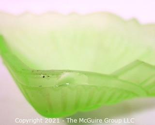 Vintage Depression Style Green Frosted Uranium Vaseline Glass Bowl or Candy Dish.  Some chips to edges.  Measures 9" x 7" x 3".