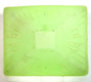 Vintage Depression Style Green Frosted Uranium Vaseline Glass Bowl or Candy Dish.  Some chips to edges.  Measures 9" x 7" x 3".