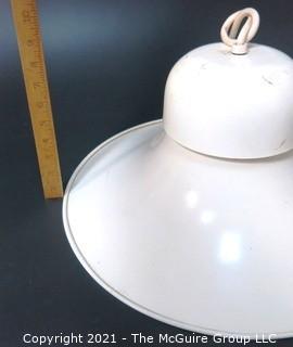 Vintage Industrial White Metal Ceiling Mount Hanging Pendant Lamp.  Measures approximately 18" in diameter. 