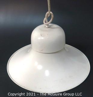 Vintage Industrial White Metal Ceiling Mount Hanging Pendant Lamp.  Measures approximately 18" in diameter. 