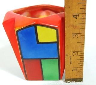 Vintage Red Erphila Art Pottery Made in Czechoslovakia Vase or Planter Decorated in the Style of Piet Mondrian. It measures approximately 4" tall.