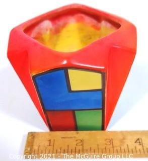 Vintage Red Erphila Art Pottery Made in Czechoslovakia Vase or Planter Decorated in the Style of Piet Mondrian. It measures approximately 4" tall.