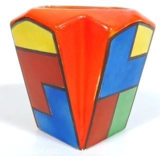 Vintage Red Erphila Art Pottery Made in Czechoslovakia Vase or Planter Decorated in the Style of Piet Mondrian. It measures approximately 4" tall.