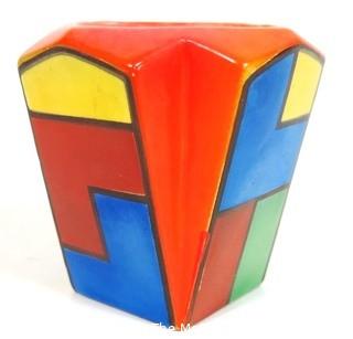 Vintage Red Erphila Art Pottery Made in Czechoslovakia Vase or Planter Decorated in the Style of Piet Mondrian. It measures approximately 4" tall.