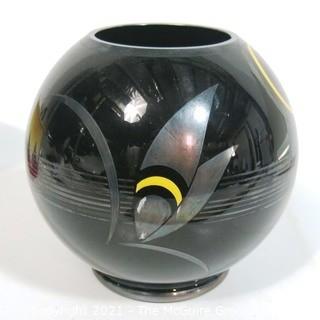 Vintage Round Glass Ball Vase or Bowl with Art Deco Geometric Decoration.  Measures approximately 6" tall.