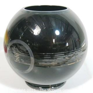 Vintage Round Glass Ball Vase or Bowl with Art Deco Geometric Decoration.  Measures approximately 6" tall.